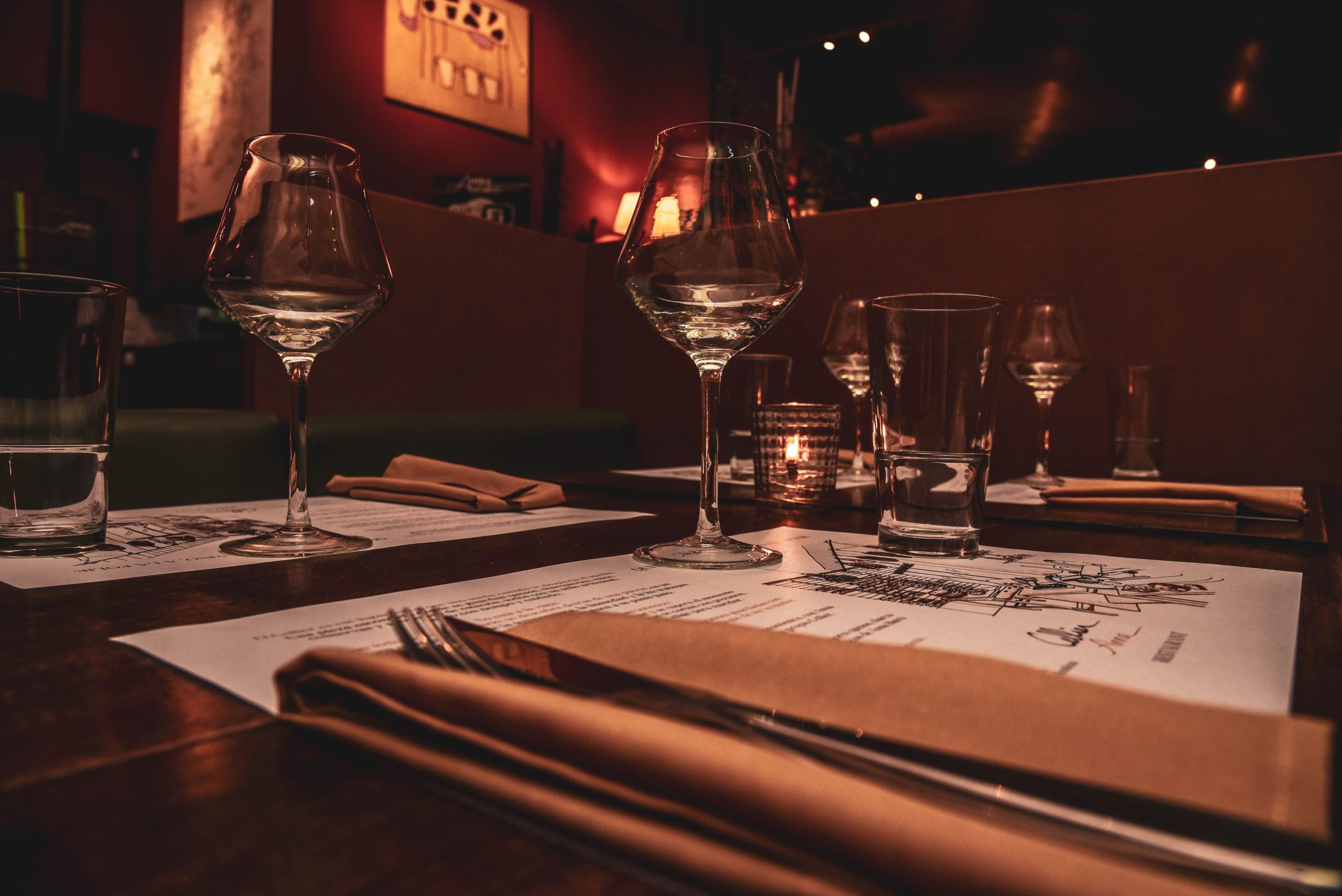 Elegant fine dining table setting at night